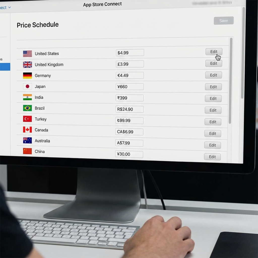 App Store Connect manual price editing interface showing tedious country-by-country updates