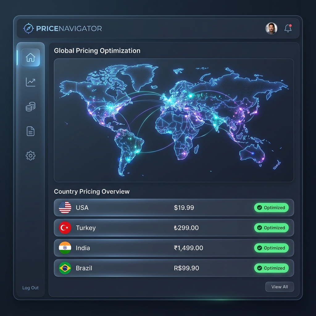 Auto Price Localize app dashboard showing PPP-based pricing optimization for iOS and Android apps across 200+ countries